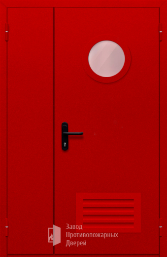 Фото двери «Полуторная с круглым стеклом и решеткой (красная)» в Раменскому