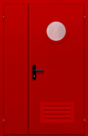 Фото двери «Полуторная с круглым стеклом и решеткой (красная)» в Раменскому
